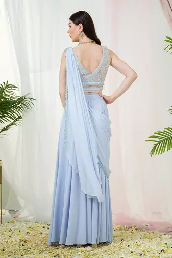 Cerulean blue orla drape saree set