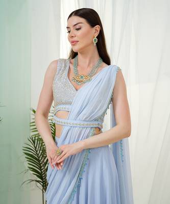 Cerulean blue orla drape saree set 4