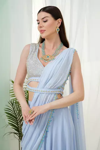 Cerulean blue orla drape saree set