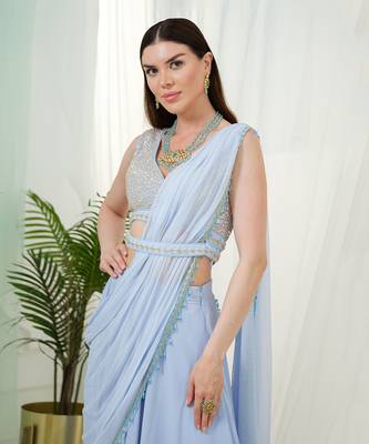 Cerulean blue orla drape saree set 5