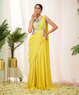 Yellow sylva drape saree set 1