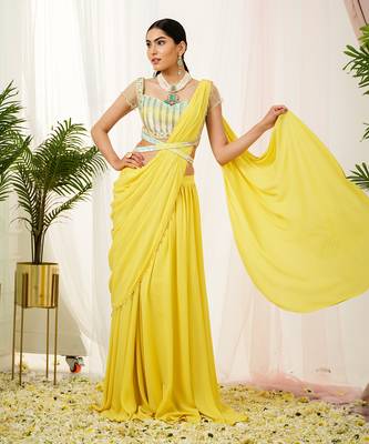 Yellow sylva drape saree set 2