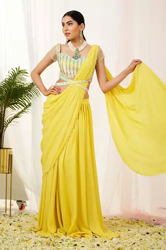 Yellow sylva drape saree set