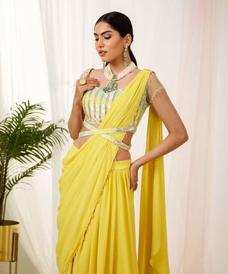 Yellow sylva drape saree set 3