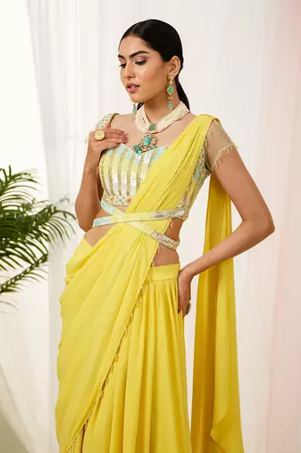 Yellow sylva drape saree set