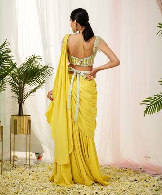 Yellow sylva drape saree set 4