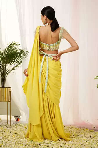 Yellow sylva drape saree set