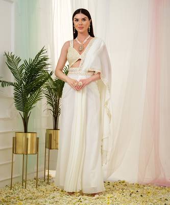 Offwhite luminous drape saree set 1
