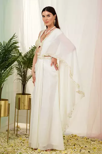 Offwhite luminous drape saree set