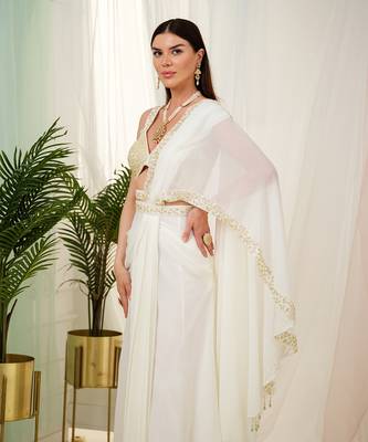 Offwhite luminous drape saree set 4