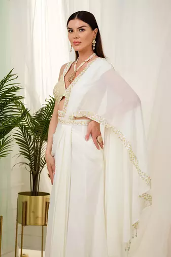Offwhite luminous drape saree set