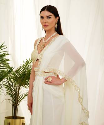 Offwhite luminous drape saree set 5