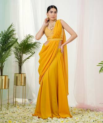 Mustard yellow stardust drape saree set 1