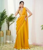 Mustard yellow stardust drape saree set