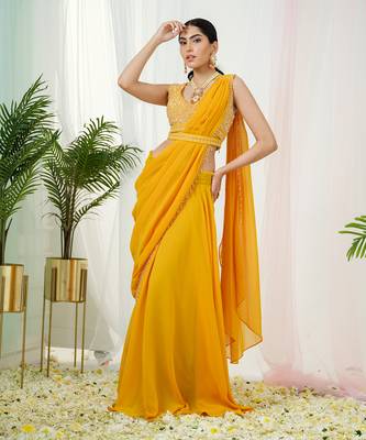 Mustard yellow stardust drape saree set 2