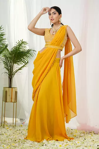 Mustard yellow stardust drape saree set