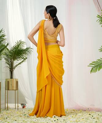 Mustard yellow stardust drape saree set 3