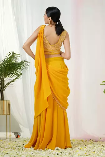 Mustard yellow stardust drape saree set