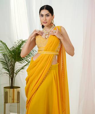 Mustard yellow stardust drape saree set 4