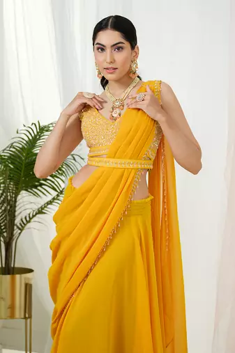 Mustard yellow stardust drape saree set