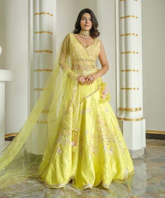 Lime Green Floral Butterfly Lehenga Set 1