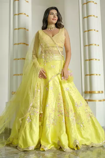 Lime Green Floral Butterfly Lehenga Set