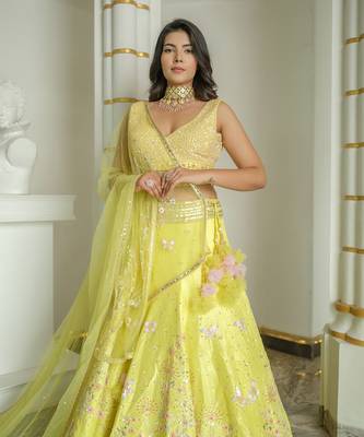 Lime Green Floral Butterfly Lehenga Set 3