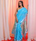 Sky Blue Cotton Blend Handwoven Saree With Flower Designs