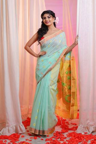 Tea Green Cotton Blend Handwoven Saree With Flower Designs