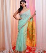 Tea Green Cotton Blend Handwoven Saree With Flower Designs