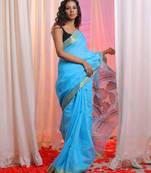Sky Blue Cotton Blend Handwoven Saree With Nakshi Pallu
