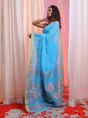 Sky Blue Cotton Blend Handwoven Saree With Nakshi Pallu 3