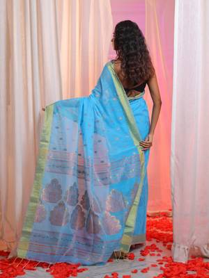 Sky Blue Cotton Blend Handwoven Saree With Nakshi Pallu 4