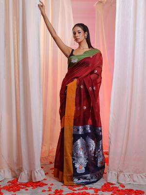 Maroon Cotton Blend Handwoven Saree With Flower Motifs 1