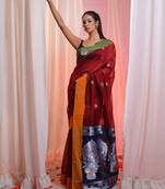 Maroon Cotton Blend Handwoven Saree With Flower Motifs