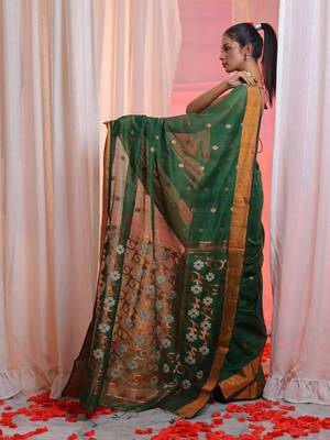 Forest Green Cotton Blend Handwoven Saree With Flower Designs 2