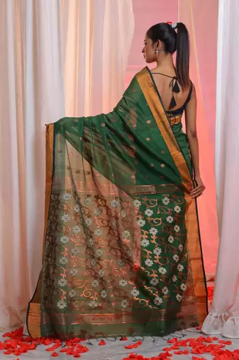Forest Green Cotton Blend Handwoven Saree With Flower Designs