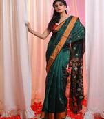 Emerald Green Cotton Blend Handwoven Saree With Flower Designs