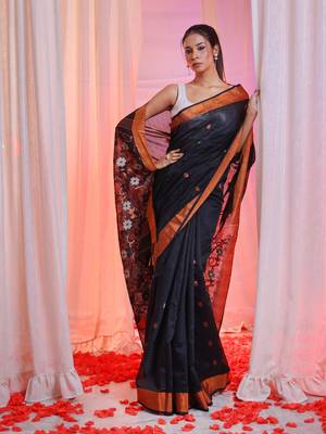 Black  Cotton Blend Handwoven Saree With Flower Designs 1