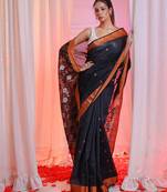 Black  Cotton Blend Handwoven Saree With Flower Designs