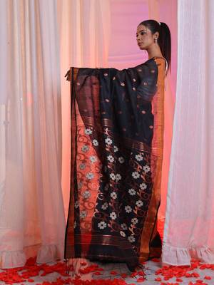 Black  Cotton Blend Handwoven Saree With Flower Designs 2