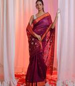 Magenta Cotton Blend Handwoven Saree With Flower Designs