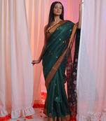 Emerald Green Cotton Blend Handwoven Saree With Flower Designs