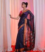 Midnight Blue Cotton Blend Handwoven Saree With Flower Designs