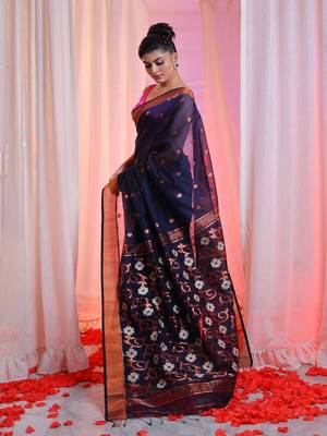 Midnight Blue Cotton Blend Handwoven Saree With Flower Designs 2
