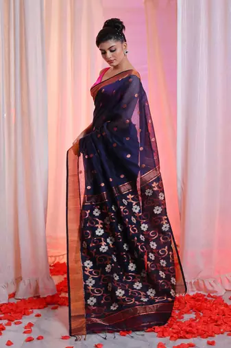Midnight Blue Cotton Blend Handwoven Saree With Flower Designs