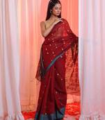 Maroon Cotton Blend Handwoven Saree With Flower Designs