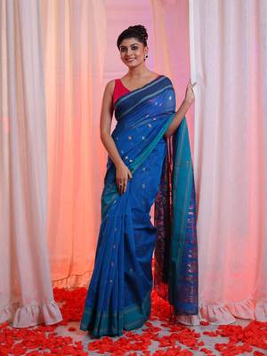 Cobalt Blue Cotton Blend Handwoven Saree With Floral Designs 1