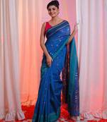 Cobalt Blue Cotton Blend Handwoven Saree With Floral Designs