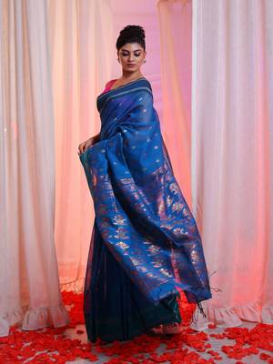 Cobalt Blue Cotton Blend Handwoven Saree With Floral Designs 2
